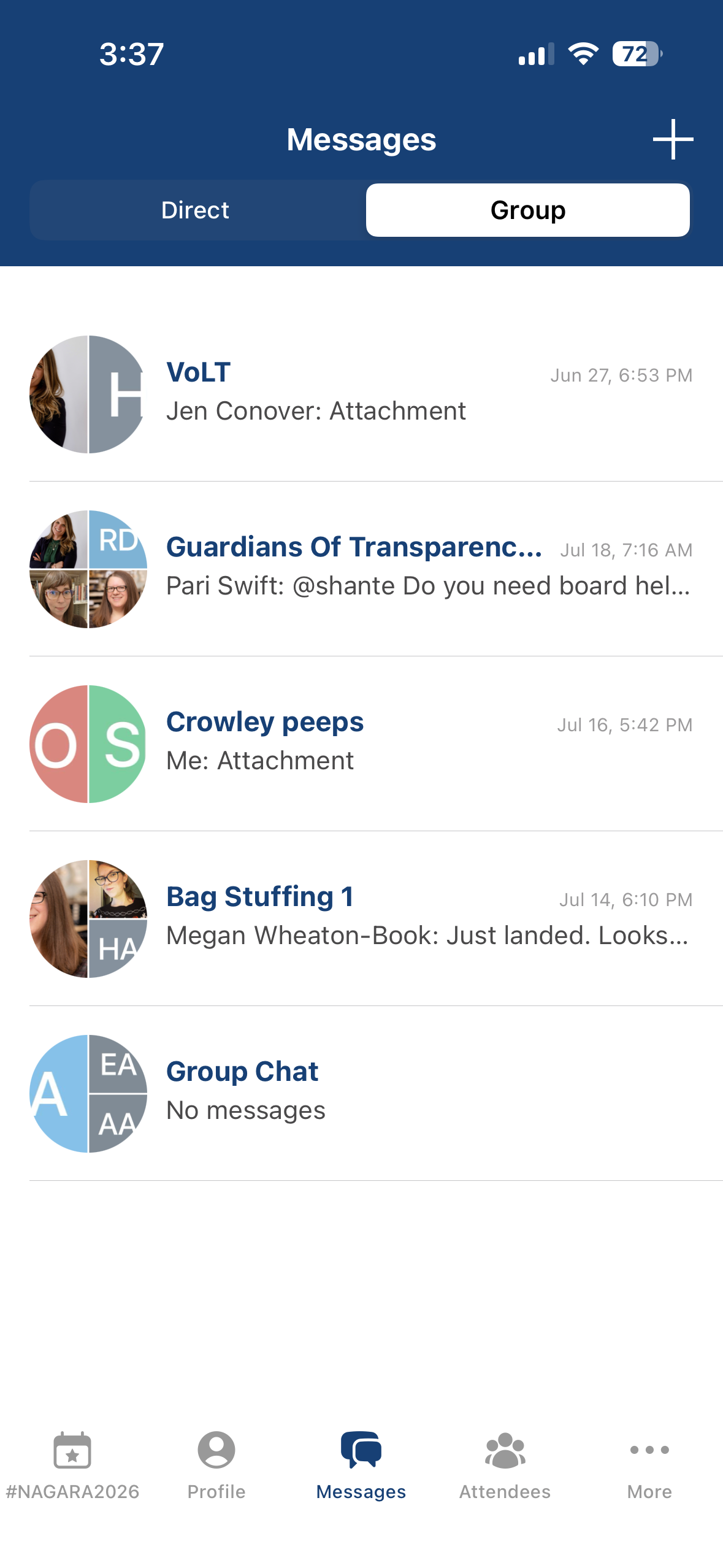 Group chats tab in the NAGARA mobile app