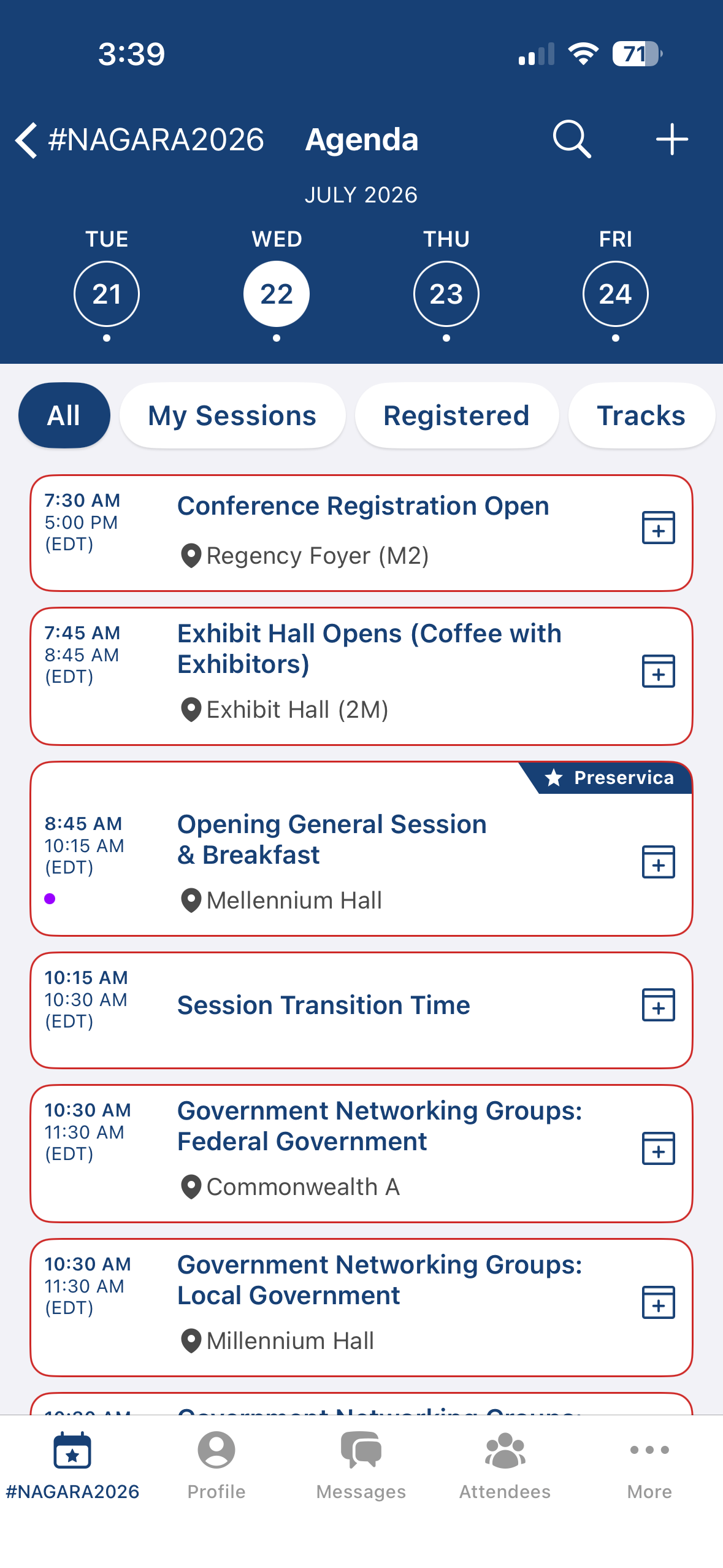 Wednesday agenda overview in the NAGARA mobile app