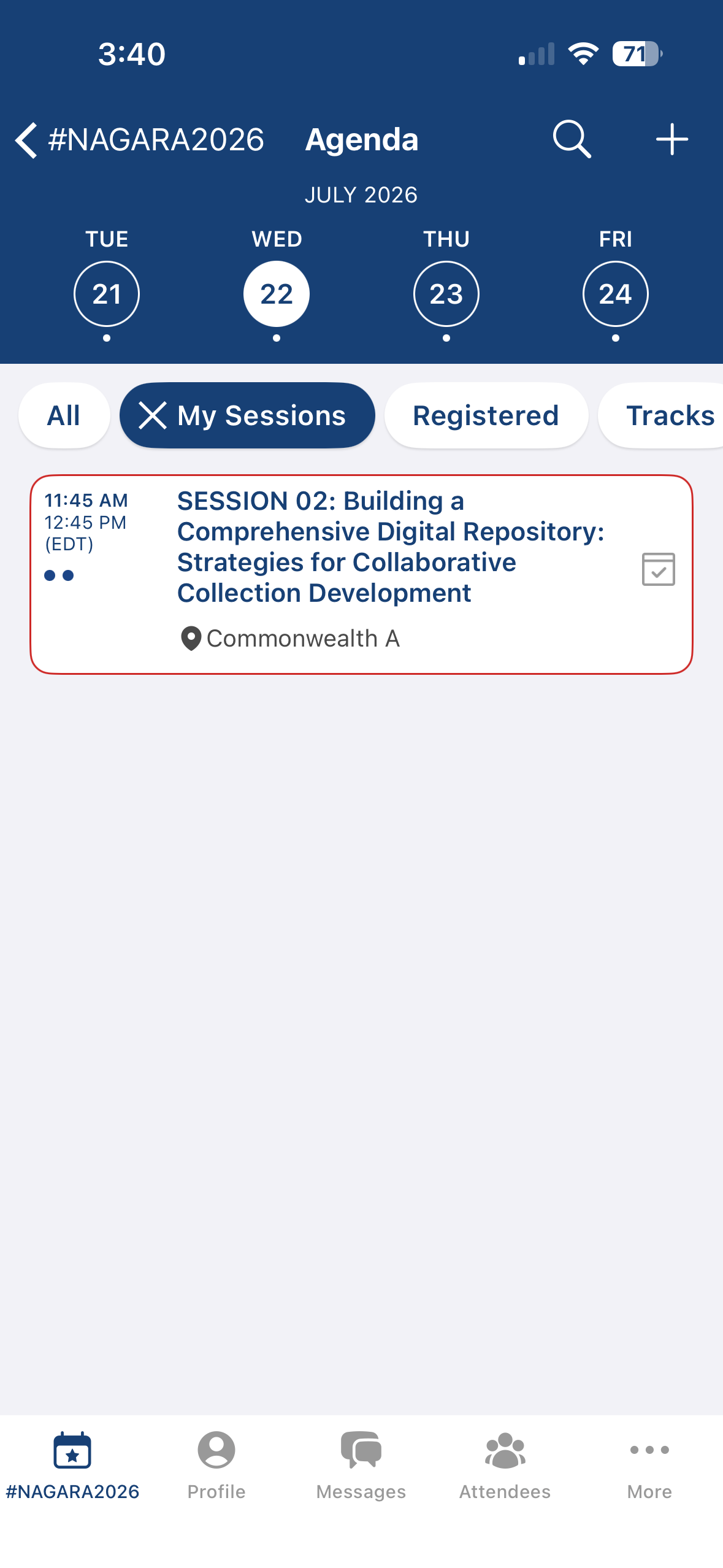 My Sessions screen in the NAGARA mobile app